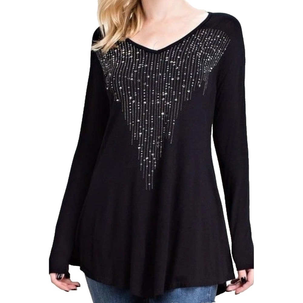 Vocal Bling Shirt Womens Size S Western Rhinestones Bling Biker Black Tunic USA